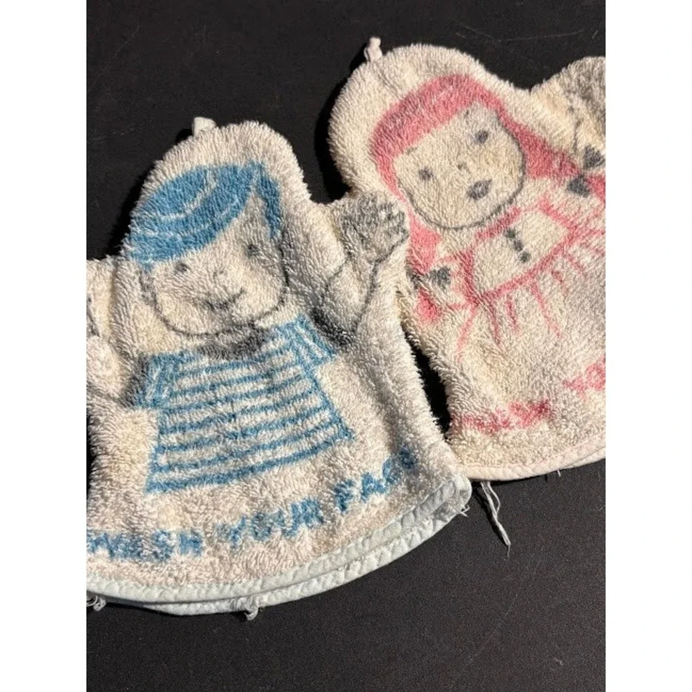 Vintage Puppet Style Washcloths Set Boy Girl Wash Your Face Neck Terry Cloth